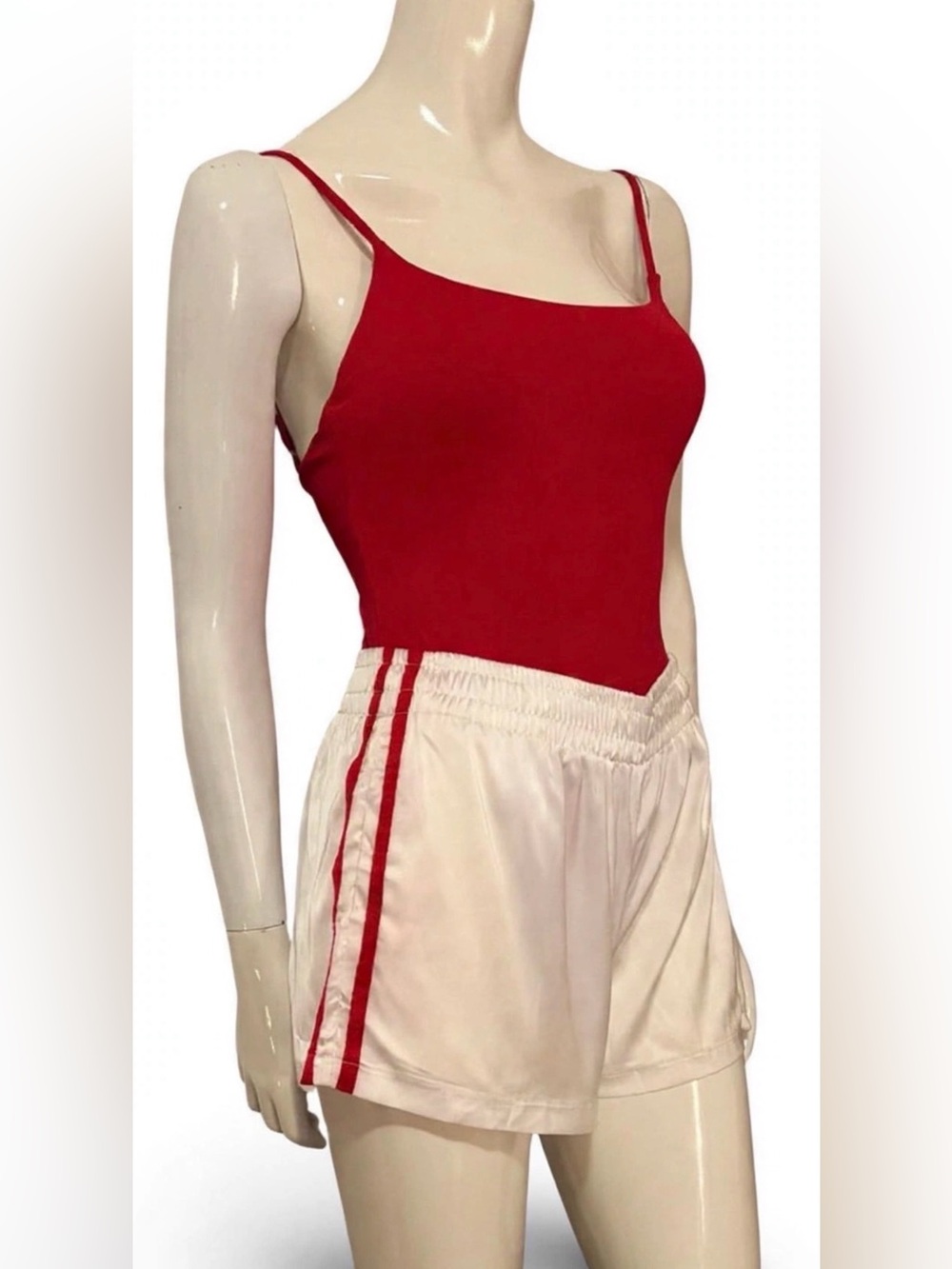 Red one piece swimsuit with matching shorts